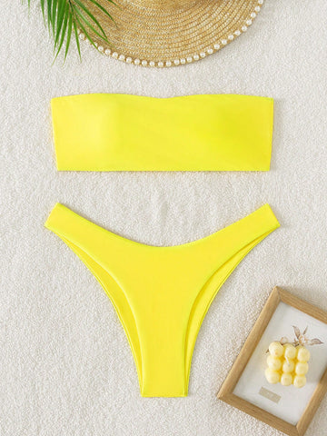 Summer Beach Solid Bikini Set Bandeau Bra & High-Leg Cut Bottom 2 Piece Swimsuit