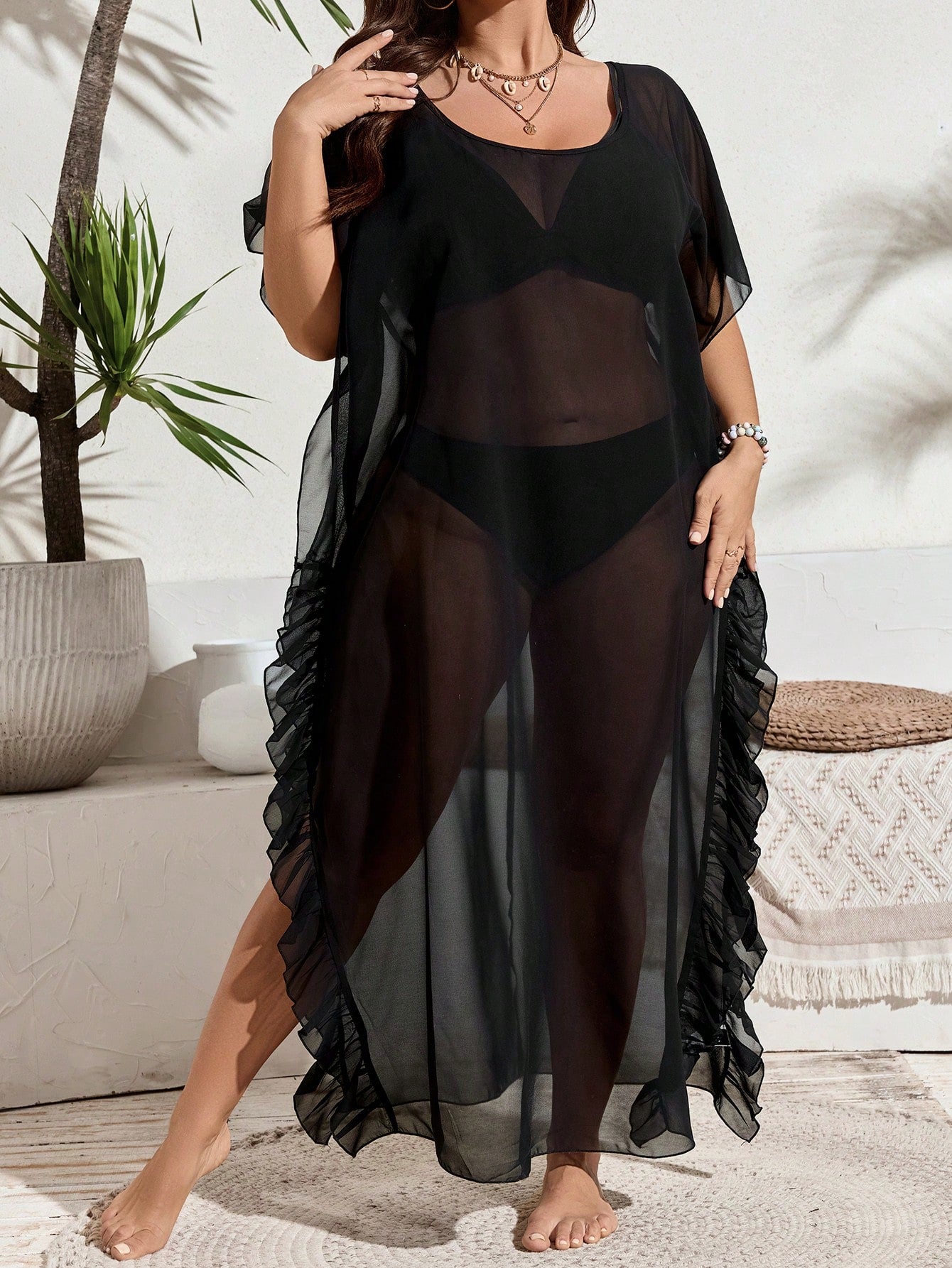 Plus Size Sexy Sheer Mesh Ruffle Trim Side Slit Cover Up