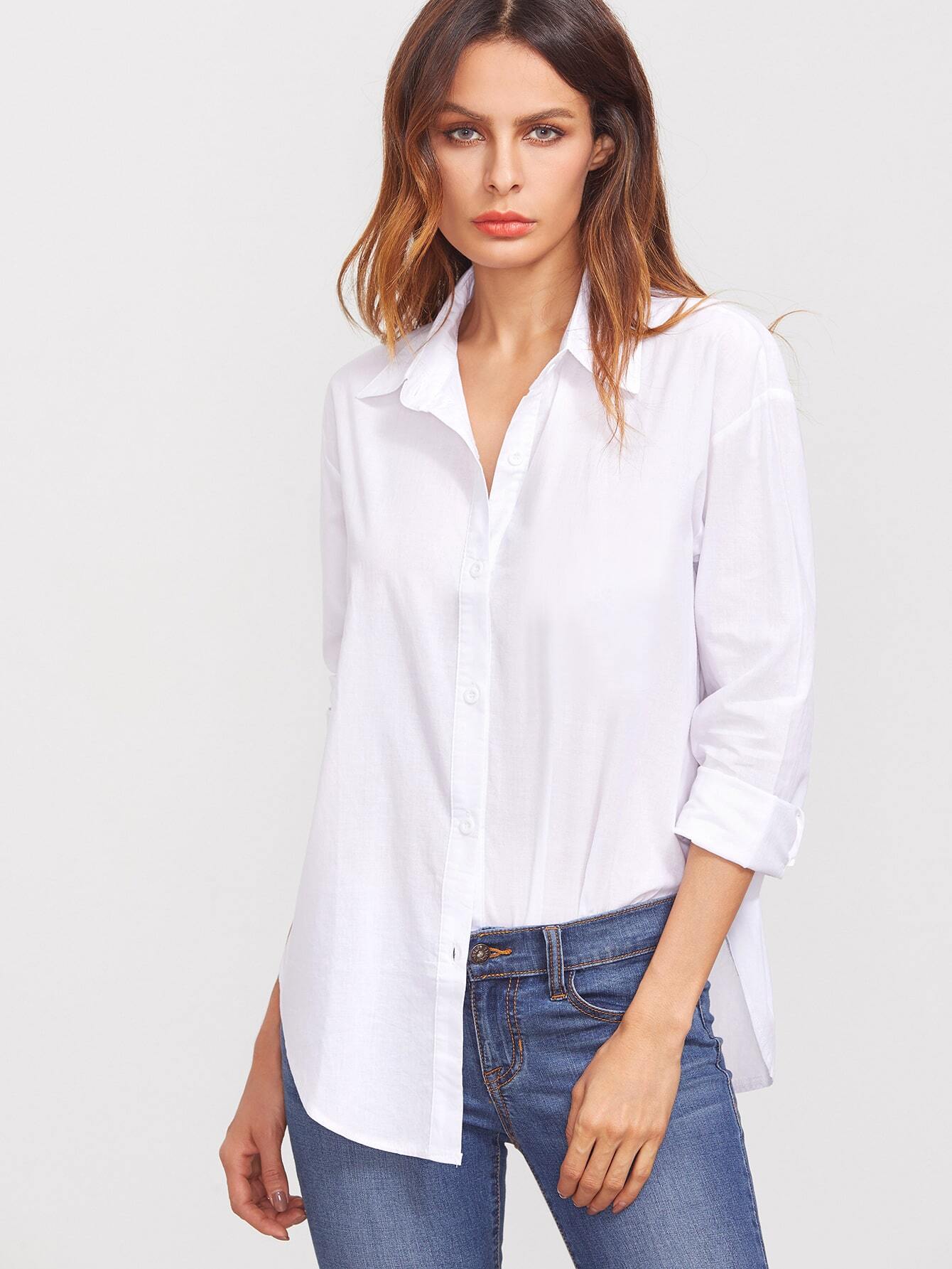 Button-Up Longline Curved Hem Shirt