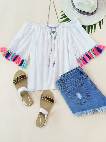 Off Shoulder Tassel Hem Blouse