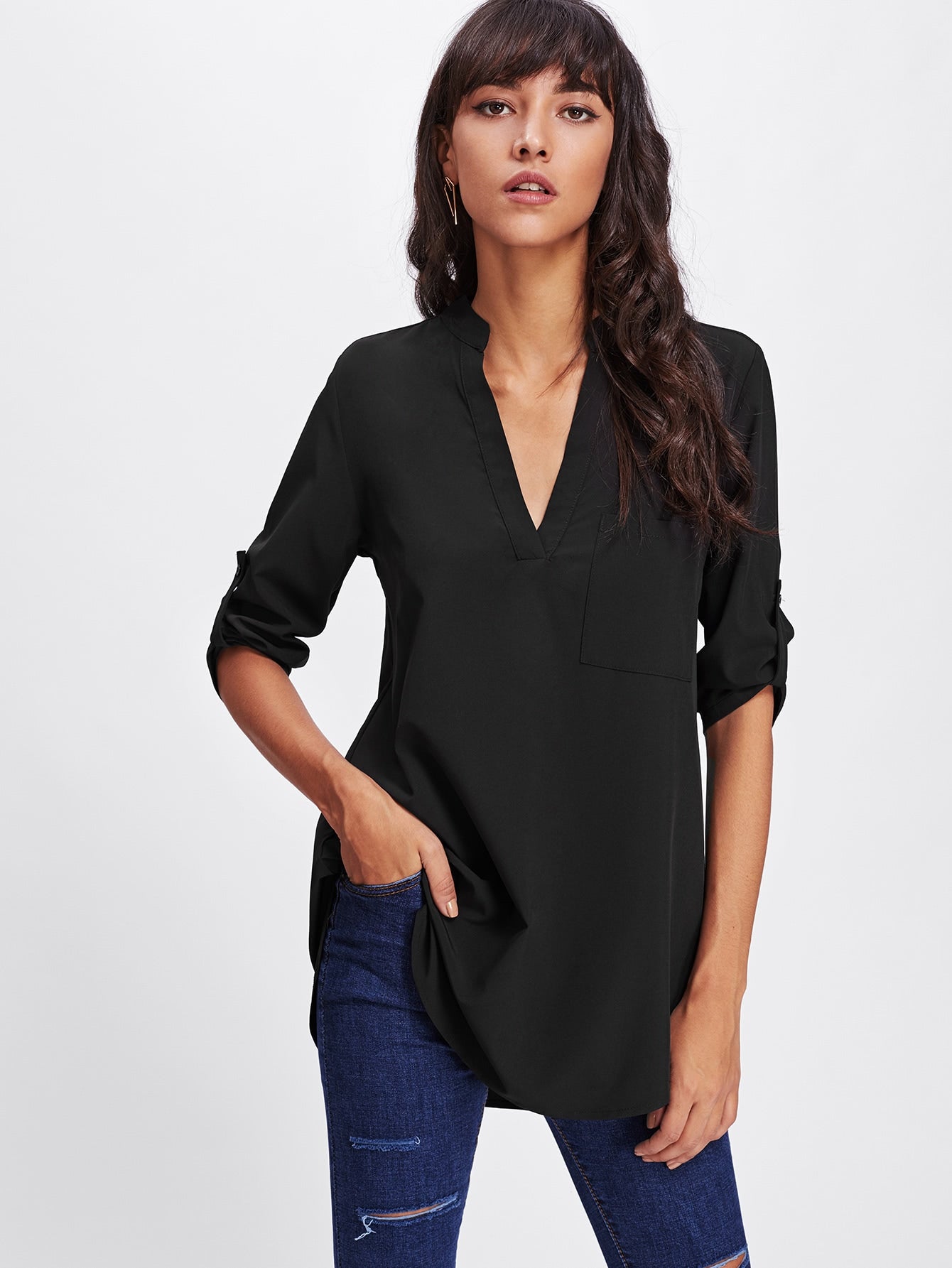 Roll Tab Sleeve Curved Hem Longline Top