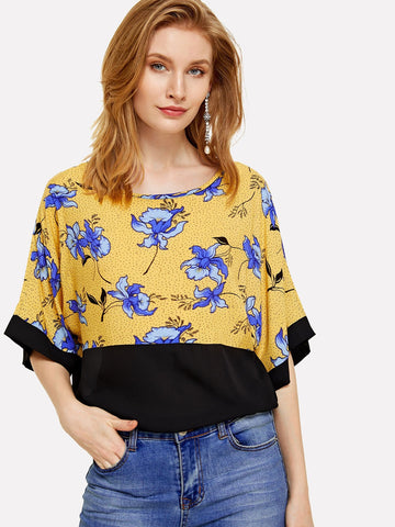 Wide Sleeve Color Block Floral Top