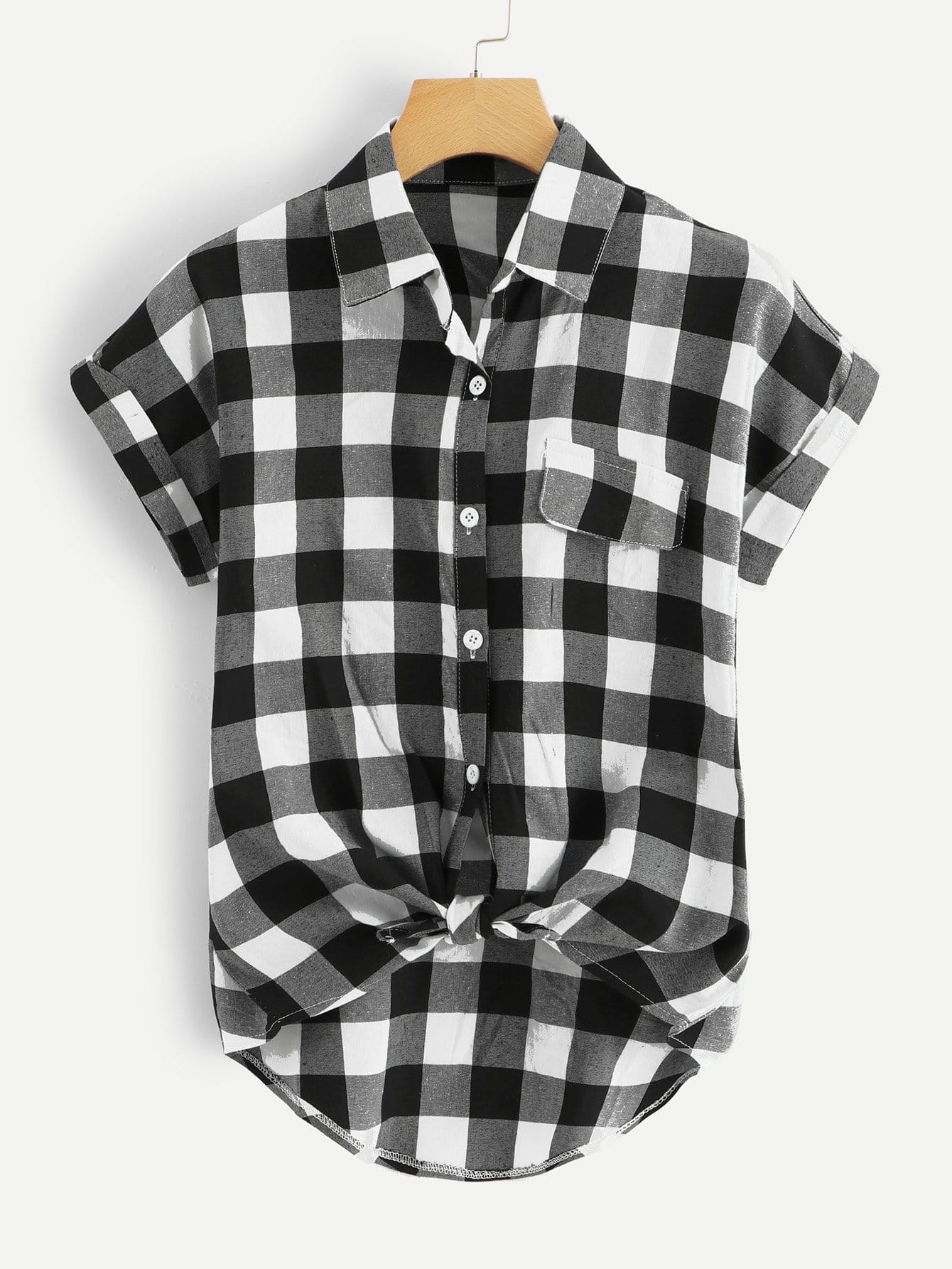 Buffalo Plaid Rolled Cuff Knot Hem Shirt