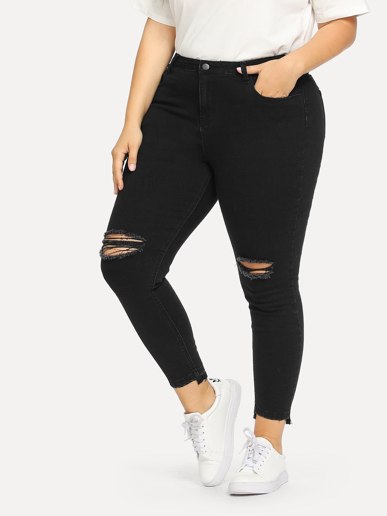 Plus Ripped Front Asymmetrical Hem Jeans