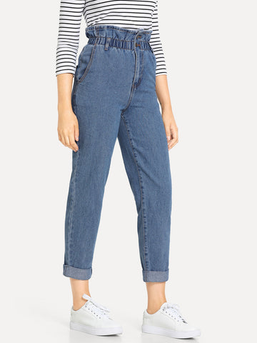 High Waisted Rolled Hem Mom Jeans