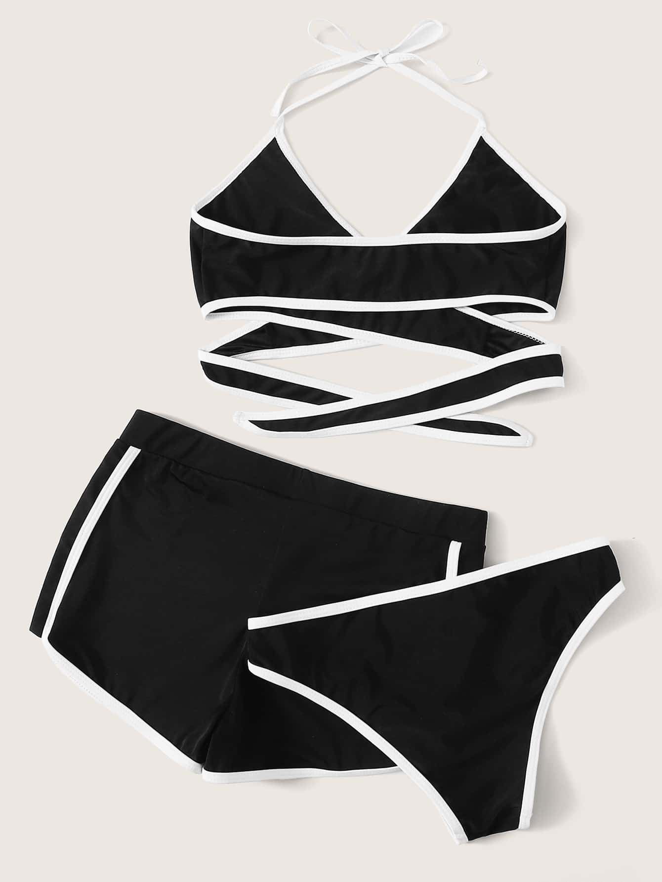 Summer Beach Ringer Bikini Set Contrast Binding Halter Bra & Swim Panty & Dolphin Shorts 3 Piece Swimsuit