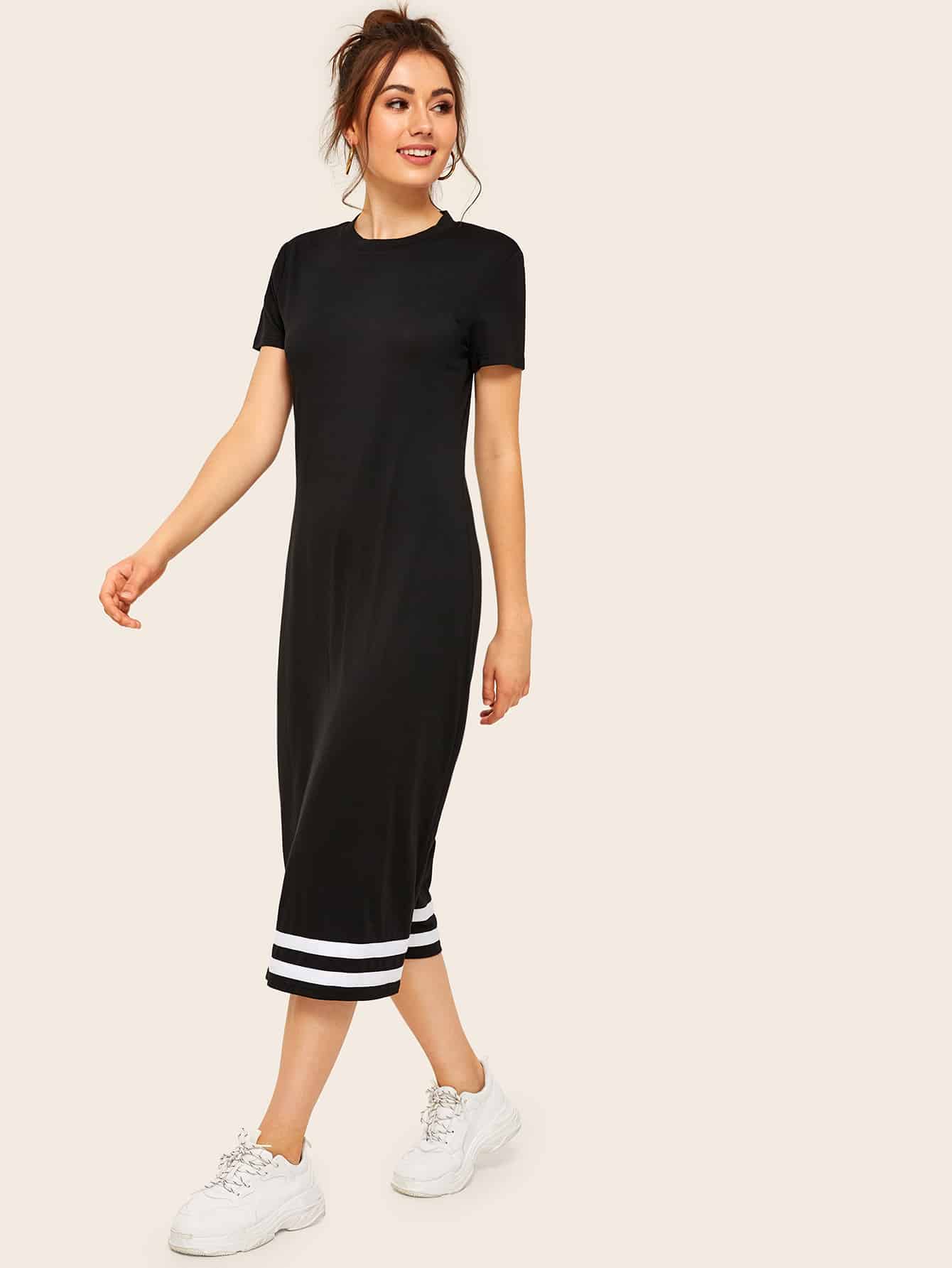 Contrast Striped T-shirt Midi Dress