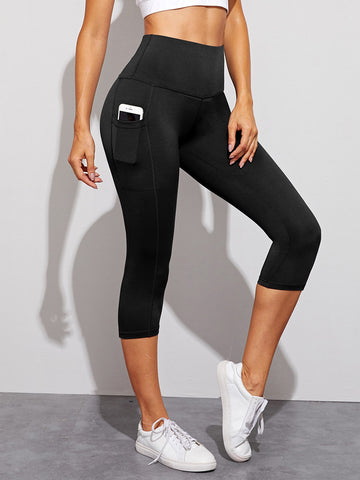 Mid-Calf Length Workout Leggings High Stretch Tummy Control Active Leggings With Side Pocket