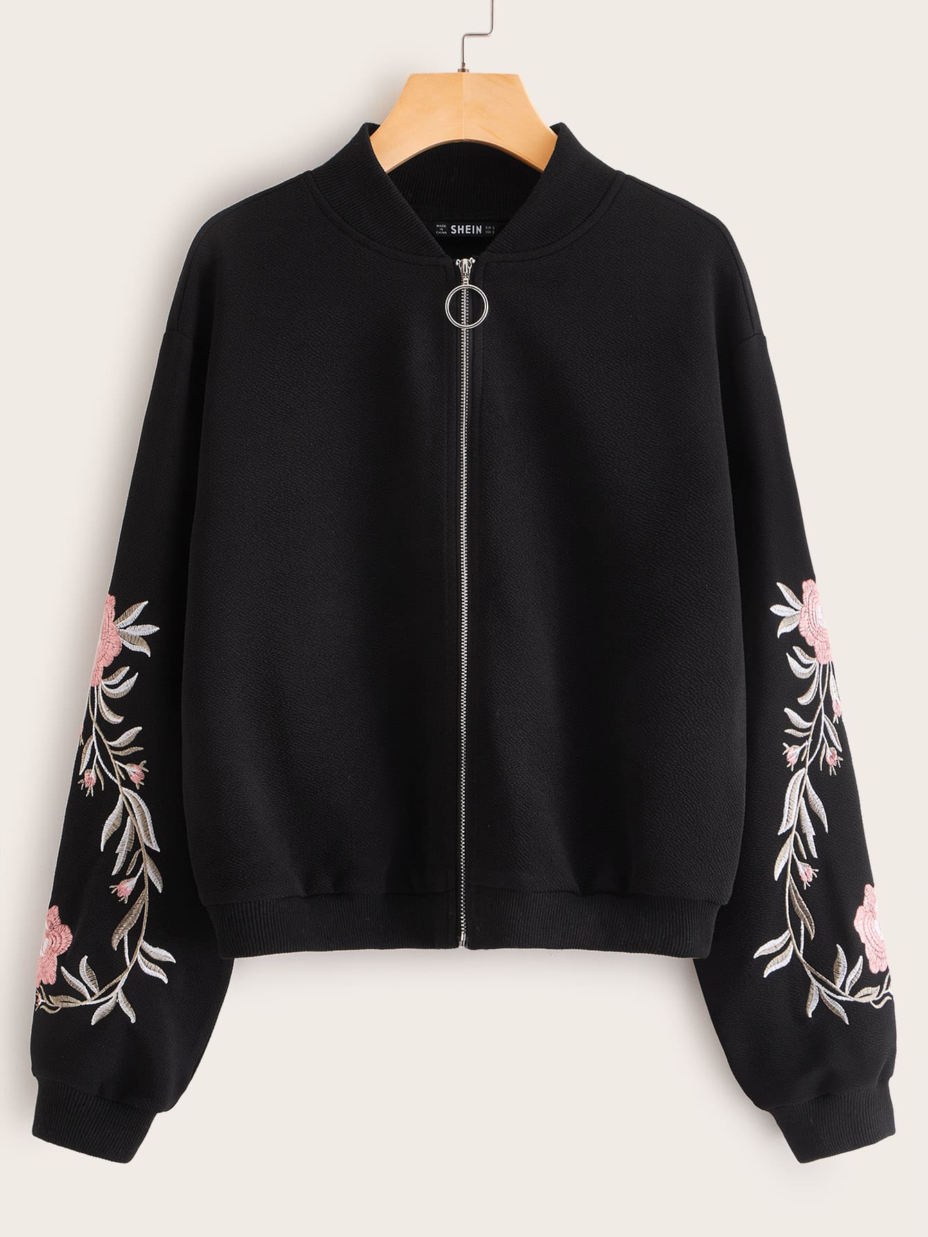 Embroidered Floral Detail O-ring Zip Up Bomber Jacket