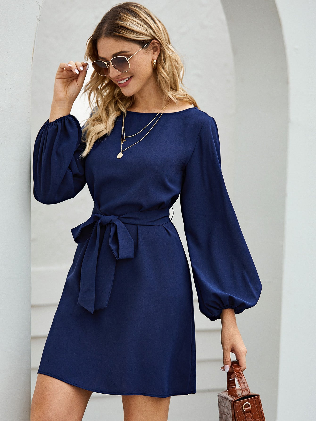 Belted Bishop Sleeve Mini Dress