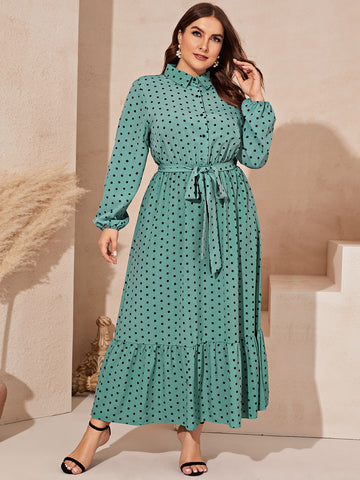 Plus Ruffle Hem Polka Dot Belted Shirt Dress