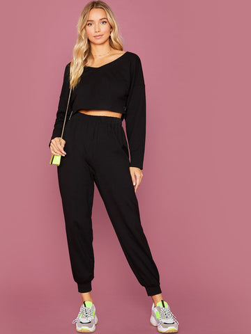 V-Neck Crop Top & High-Rise Joggers Set