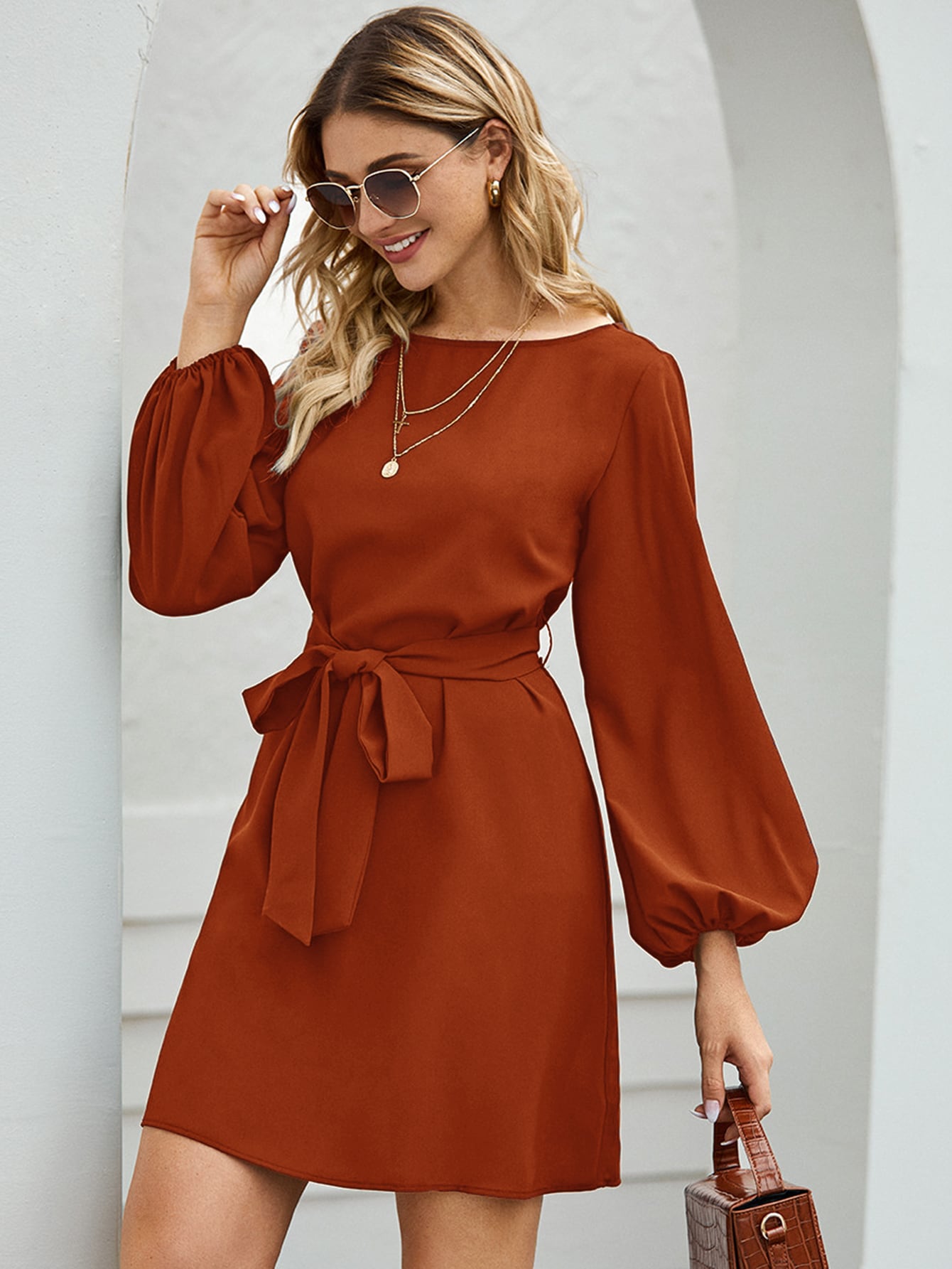 Boat Neck Bishop Sleeve Belted Dress