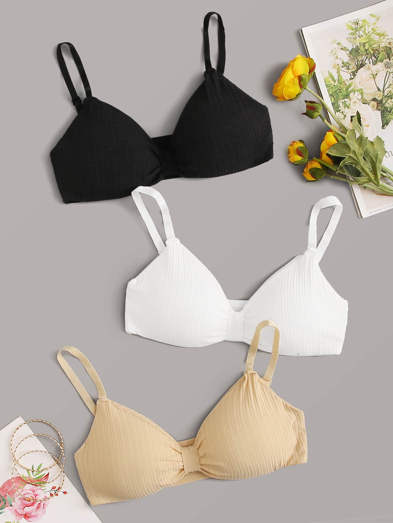 3pack Solid Adjustable Strap Bra