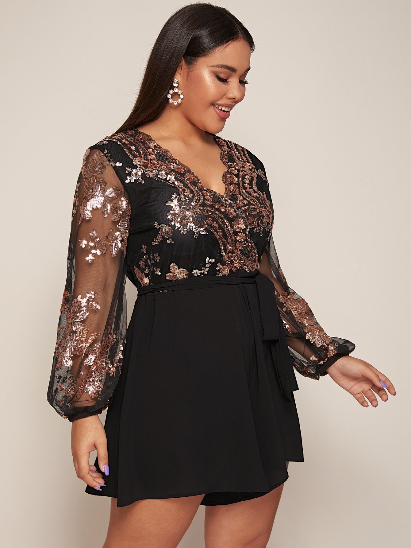 Plus Surplice Neck Sheer Lantern Sleeve Sequin Bodice Belted Romper