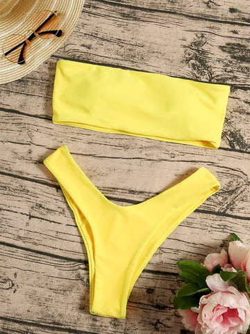 Summer Beach Solid Bikini Set Bandeau Bra & High-Leg Cut Bottom 2 Piece Swimsuit