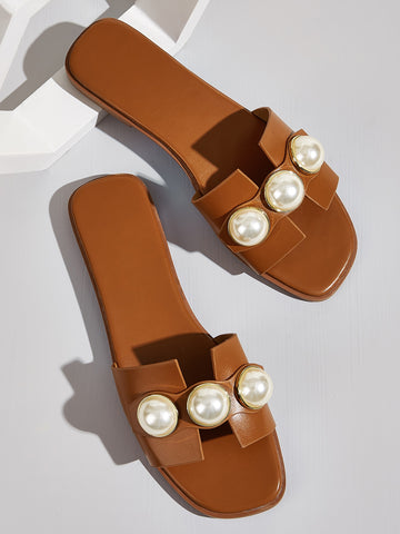 Fashion Brown Slide Sandals For Women, Faux Pearl Decor Cut Out Design Sandals