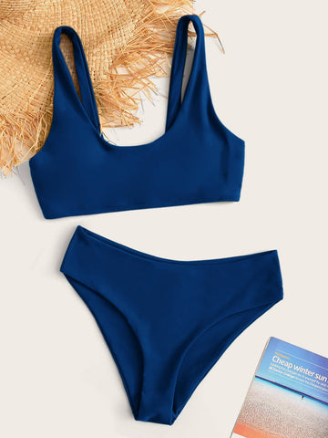 Plain Scoop Neck Bikini Swimsuit