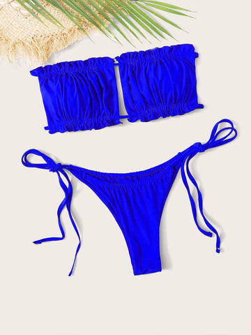 Summer Beach Ruched Frill Bandeau Tie Side Bikini Swimsuit