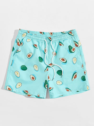 Men Drawstring Waist Avocado Print Shorts