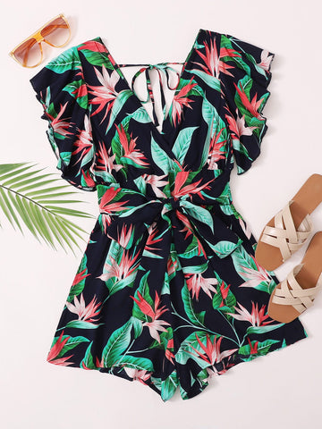 Plus Plants Print Tie Back Backless Romper