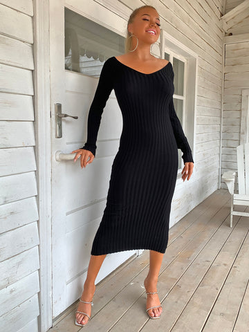 Joyfunear Double V Neckline Rib Knit Party Dress