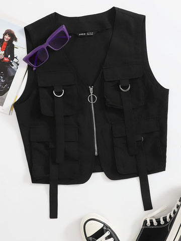 Zip Up Flap Pocket Patched Front Vest Jacket