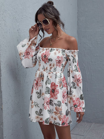 Off Shoulder Frill Trim Shirred Floral Dress