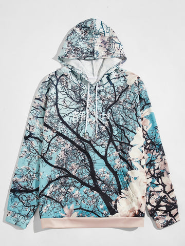 Men Japanese Letter And Sakura Print Hoodie