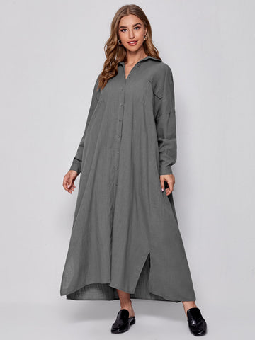 Flap Pocket Front Split Hem Oversized Shirt Dress