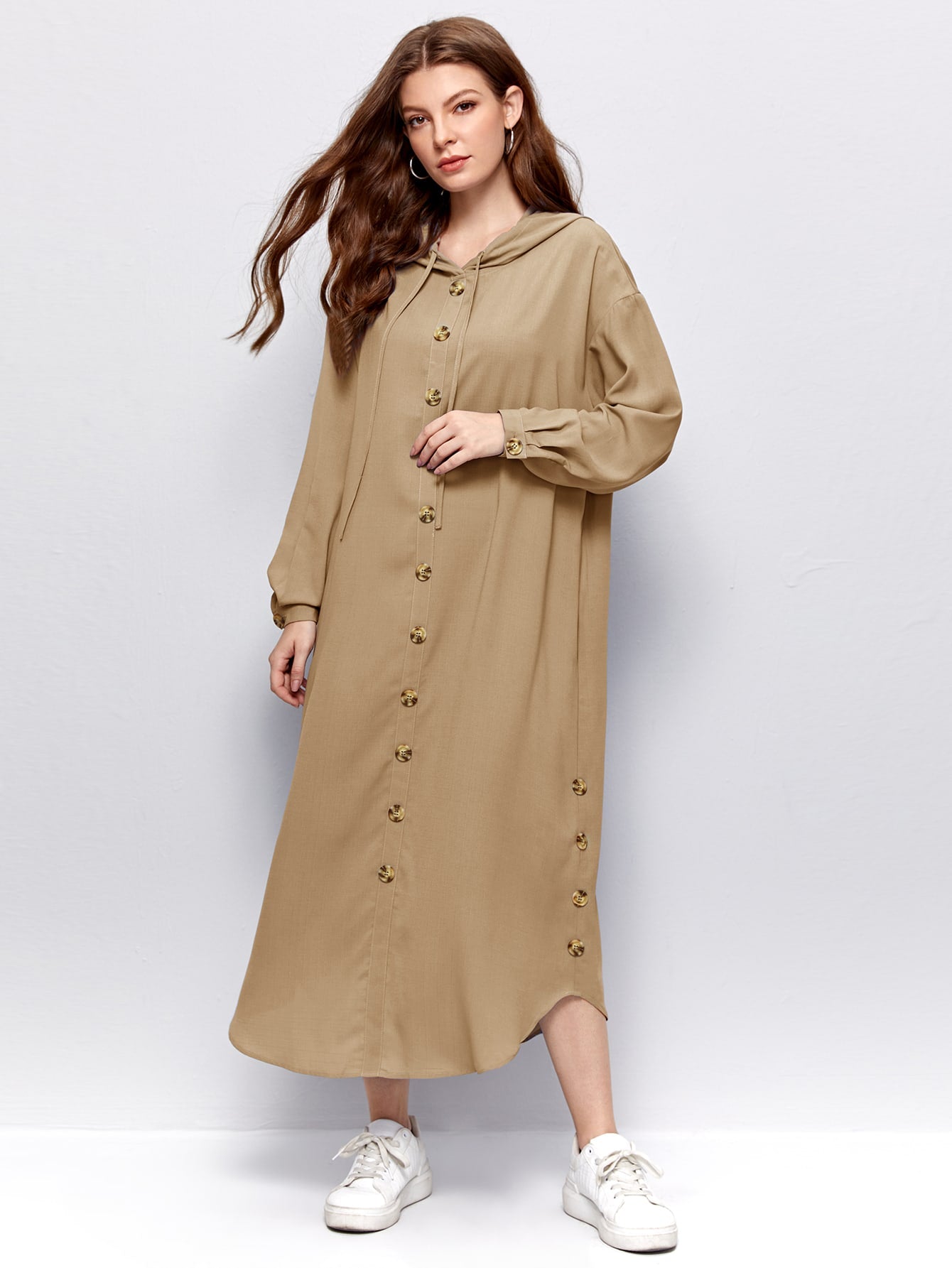 Single Breasted Curved Hem Hooded Dress