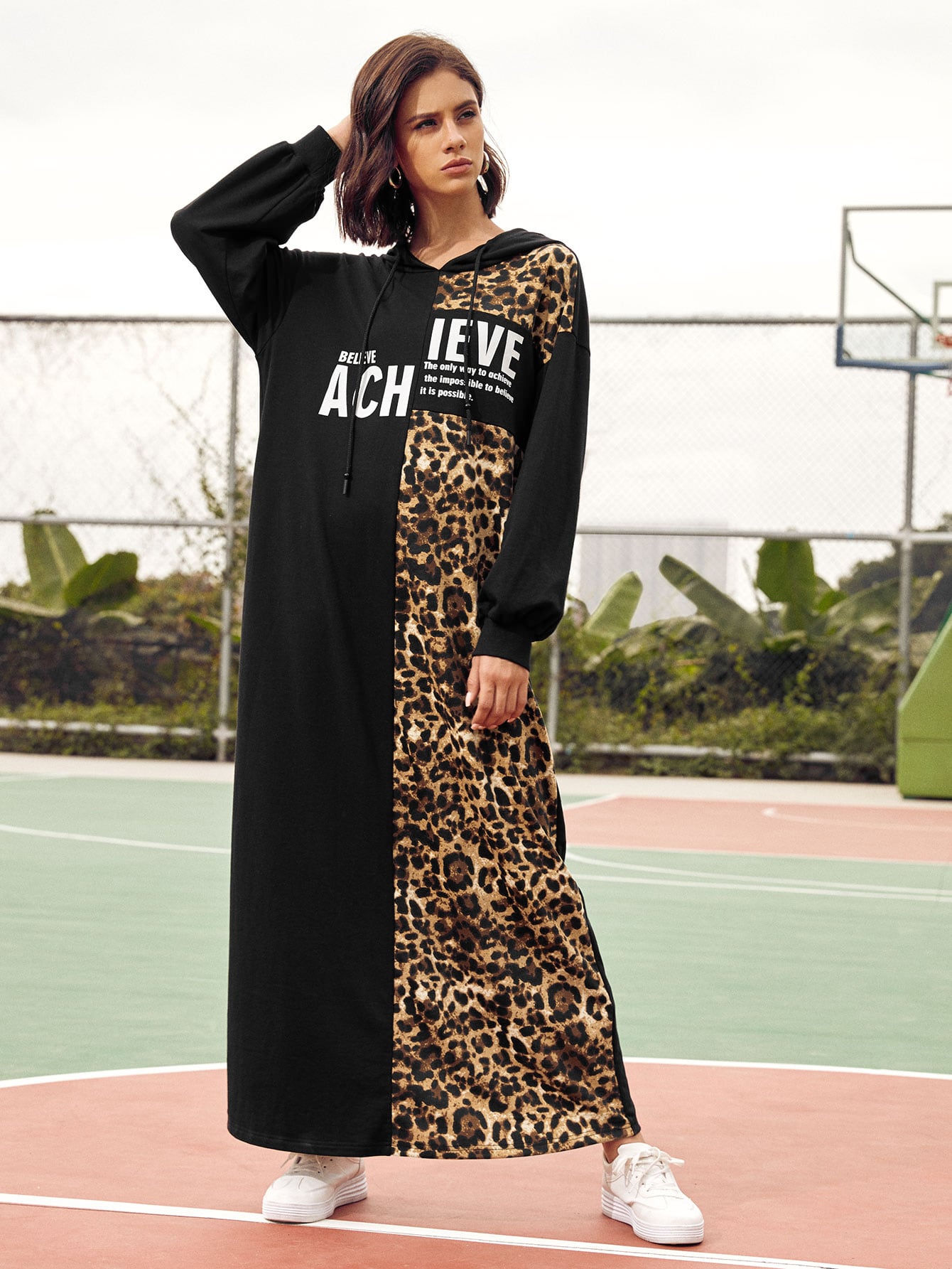 Drop Shoulder Slogan Graphic Leopard Dress