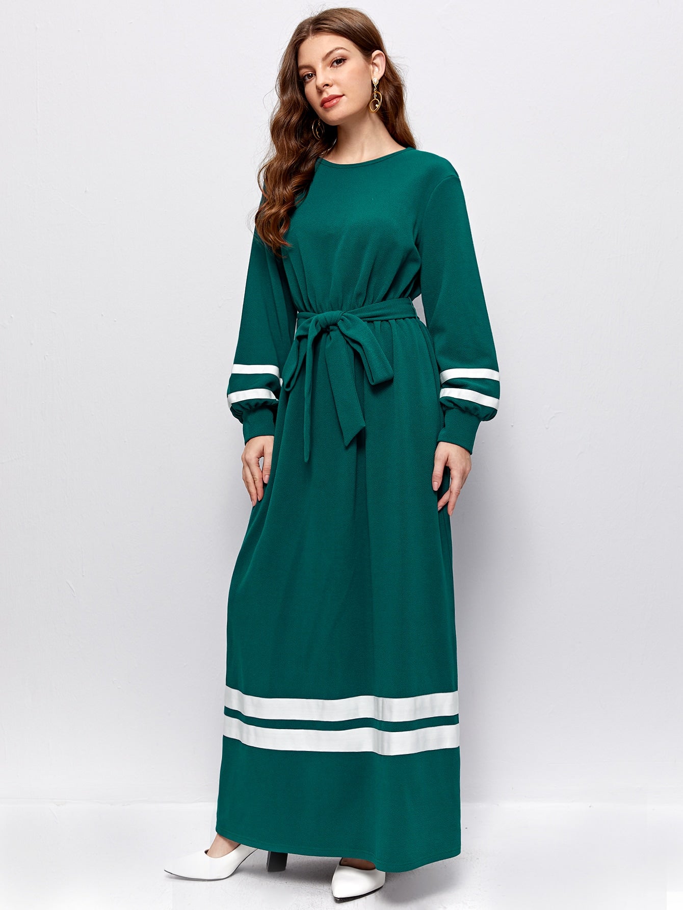 Bishop Sleeve Self Belted Striped Dress