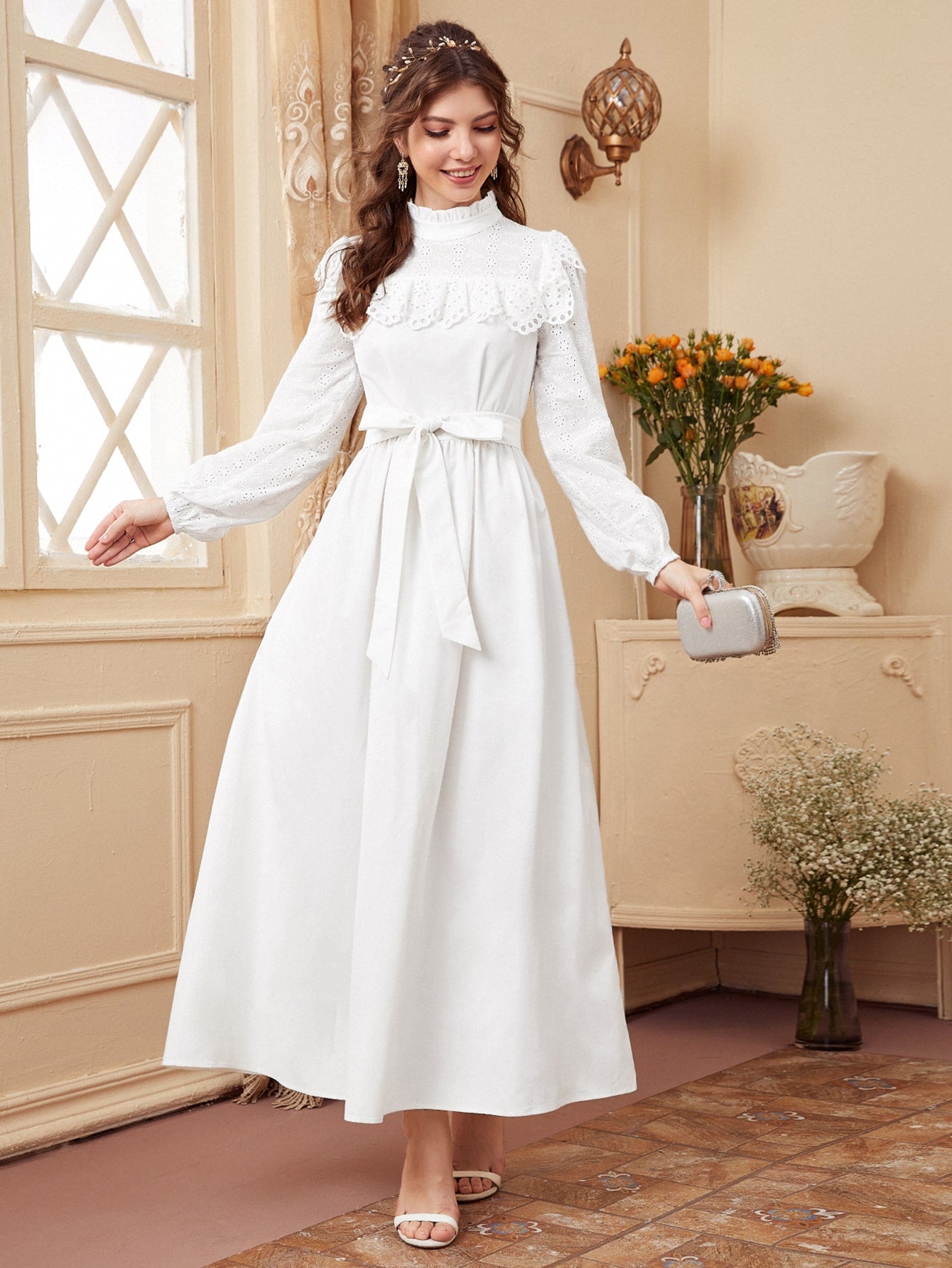 Eyelet Embroidered Panel Ruffle Trim Lantern Sleeve Dress Church Dress