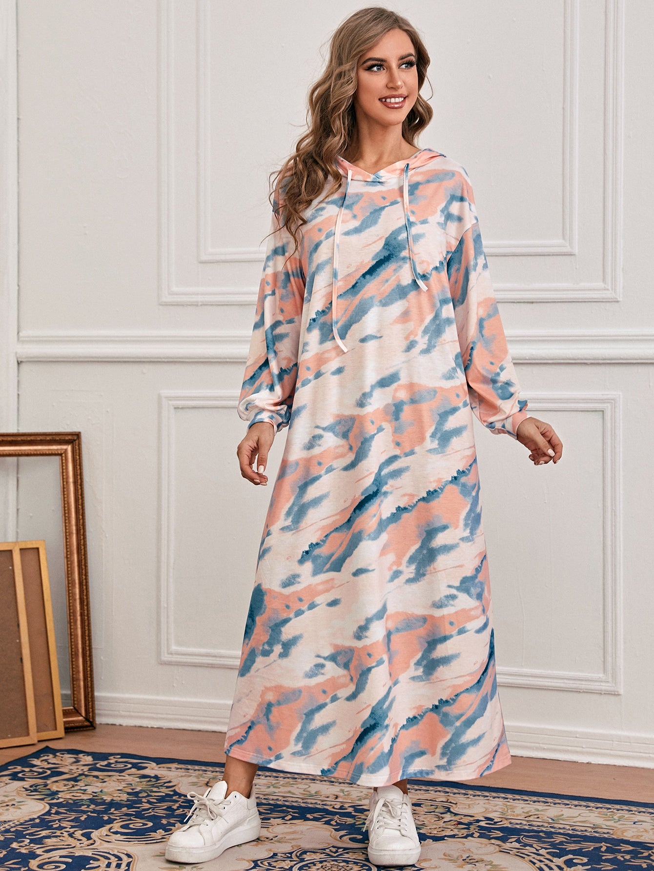 Tie Dye Drop Shoulder Lantern Sleeve Hooded Dress