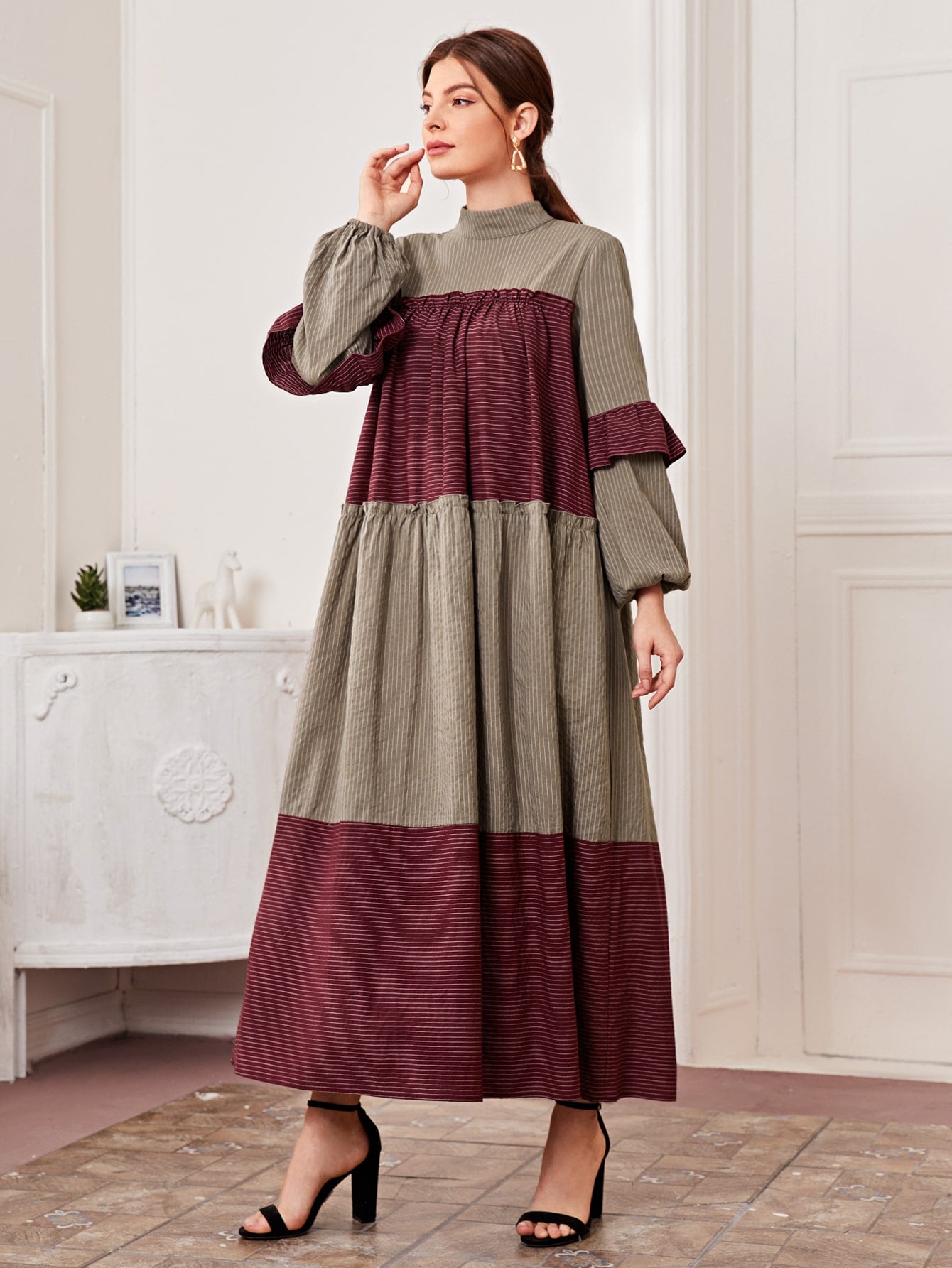 Lantern Sleeve Layered Frill Trim Colorblock Striped Dress Modest Dress