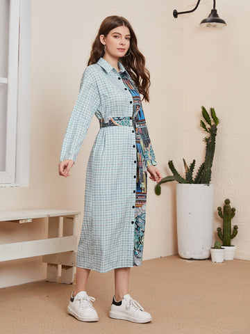 Self D-ring Belted Splice Shirt Dress