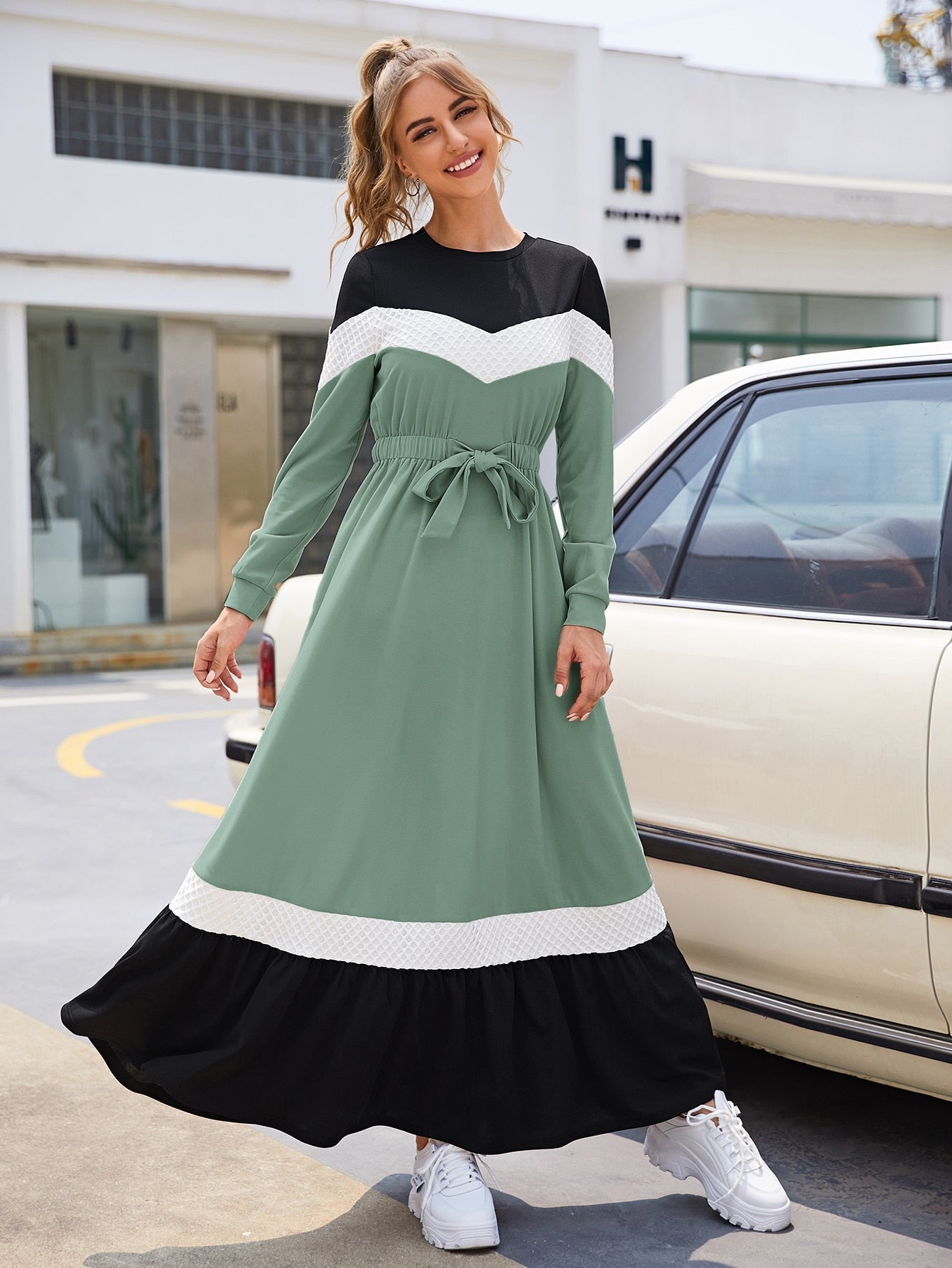 Tie Waist Ruffle Hem Colorblock Dress