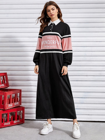 Contrast Collar Buttoned Front Letter Graphic Dress