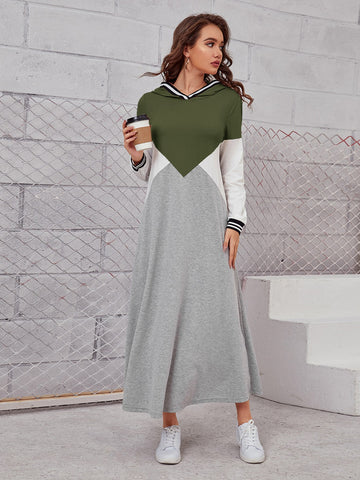 Striped Trim Colorblock Hooded Dress