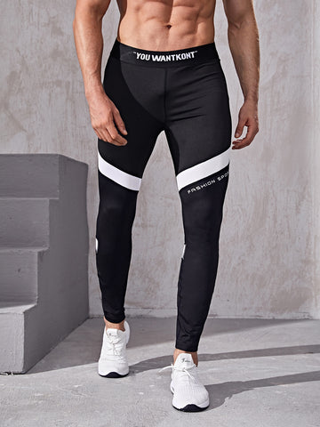 Men Slogan Graphic Contrast Panel Sport Tights