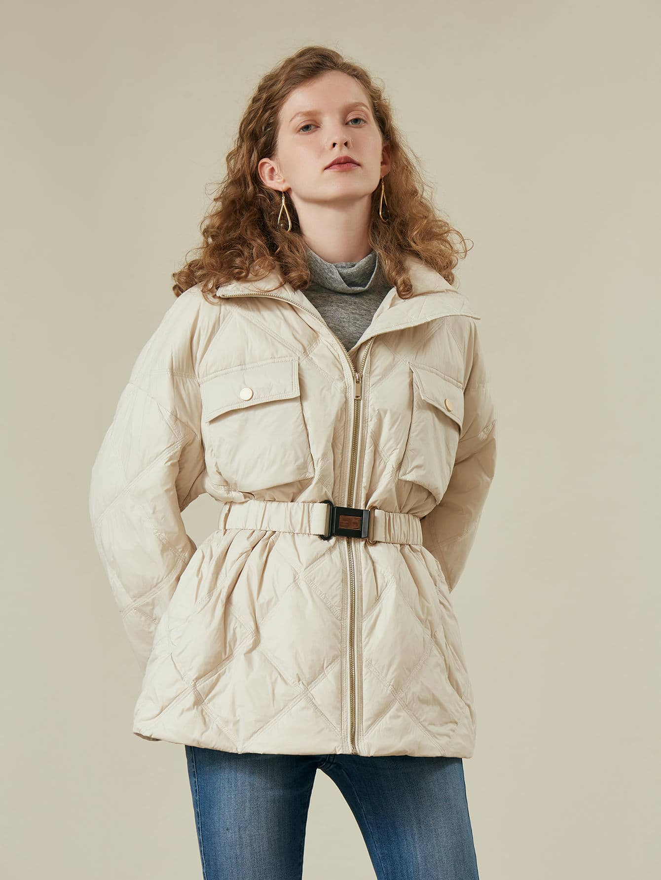 Flap Pocket Buckle Belted Down Coat