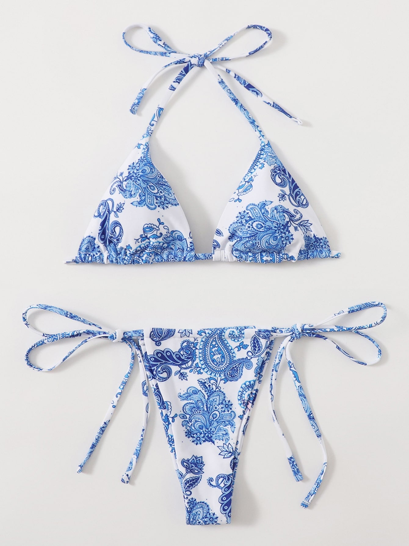 Summer Beach Floral & Paisley Bikini Set Triangle Halter Bra & Tie Side Thong 2 Piece Swimsuit