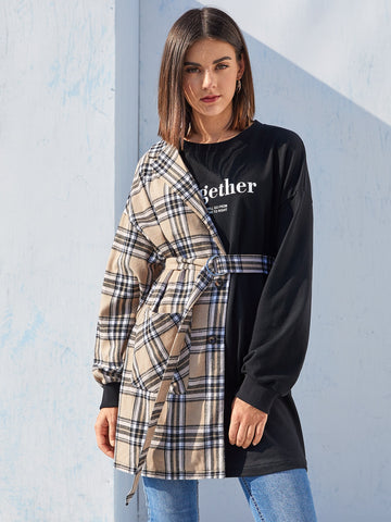 Drop Shoulder Letter Graphic Plaid Self Belted Pullover