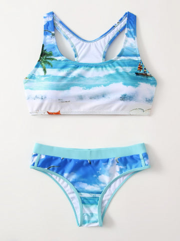 Cloud & Sea Print Bikini Swimsuit