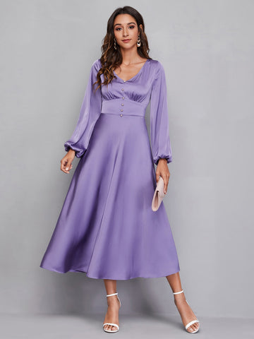 Lantern Sleeve Buttoned Front Ruched Bust Dress