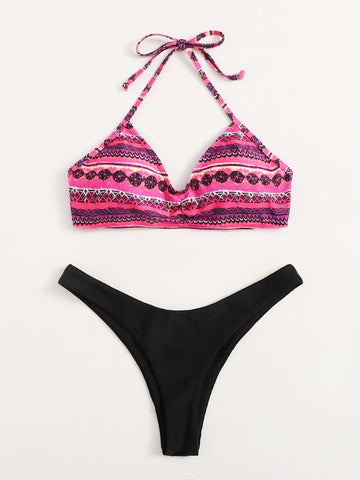 Geo Print Halter Bikini Swimsuit