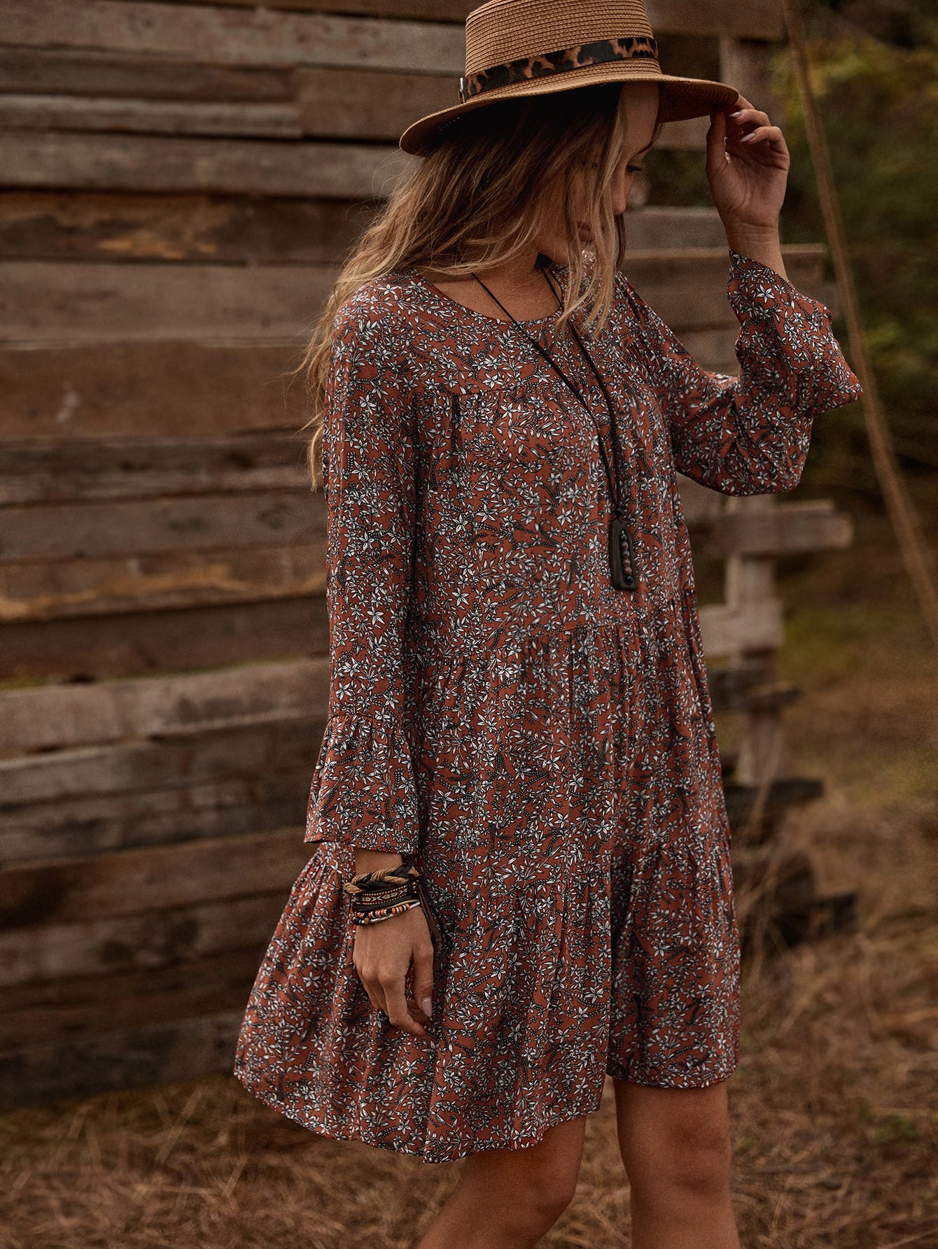 Ditsy Floral Flounce Sleeve Smock Dress