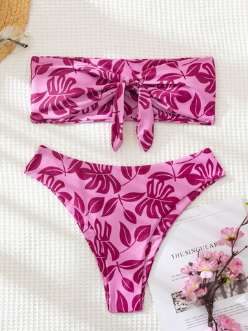 Summer Beach Tropical Print Bikini Set Knot Bandeau Bikini & Cheeky 2 Piece Swimsuit