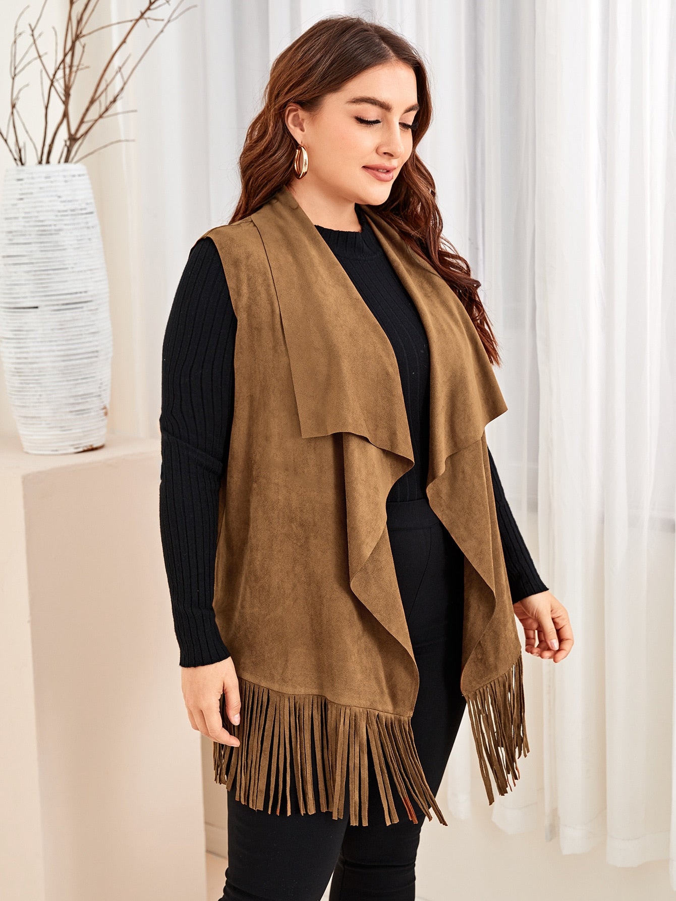 Plus Waterfall Neck Fringe Hem Vest